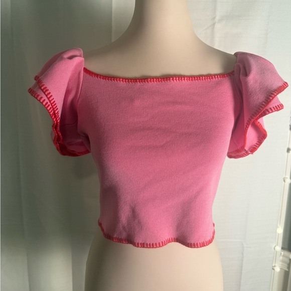 Strut & Bolt Pink Ruffled Flutter Sleeve Crop Blouse Small - Picture 1 of 6